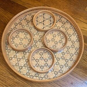 Vintage MCM Woven Bamboo Boho serving tray and coaster set